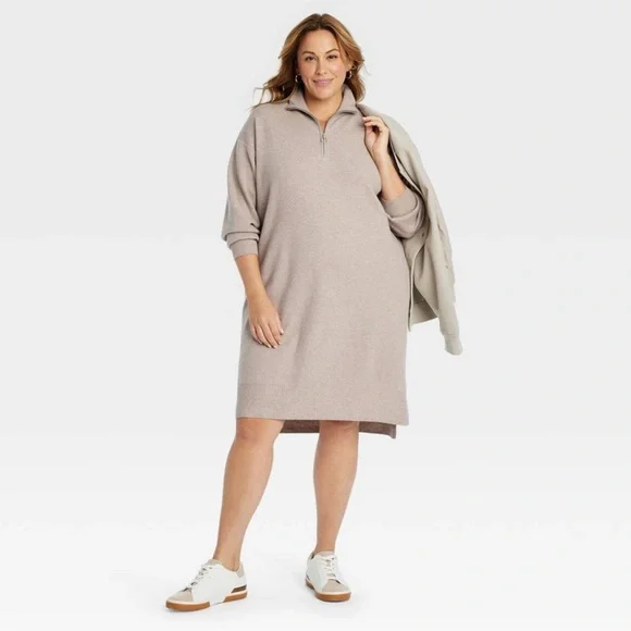 Ava & Viv women’s quarter zip long sleeve mini sweater dress taupe XXL